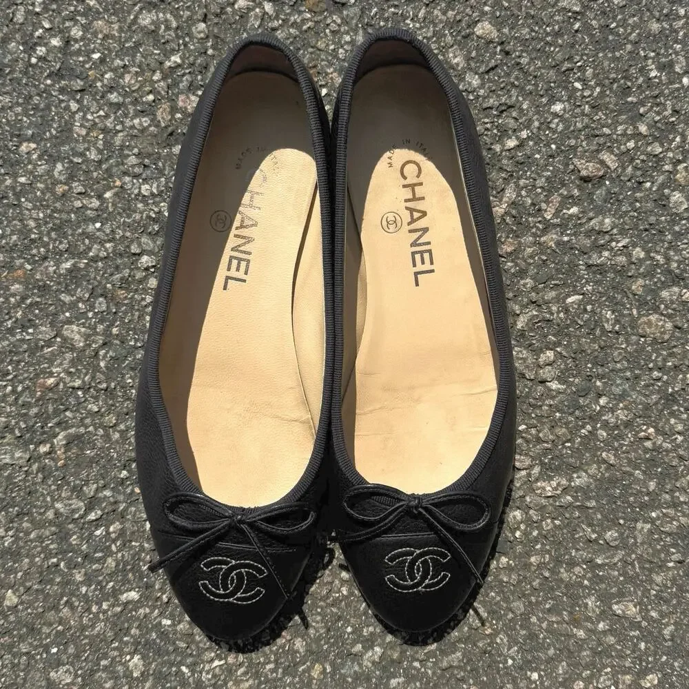 Authentic Chanel 37.5 Marine Dark Navy Blue (Like Black) Ballet Flats Caviar CC